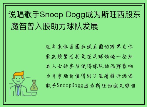 说唱歌手Snoop Dogg成为斯旺西股东 魔笛曾入股助力球队发展