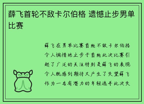 薛飞首轮不敌卡尔伯格 遗憾止步男单比赛